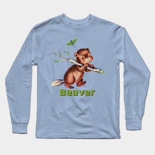 Smiling little beaver carrying a branch Long Sleeve T-Shirt